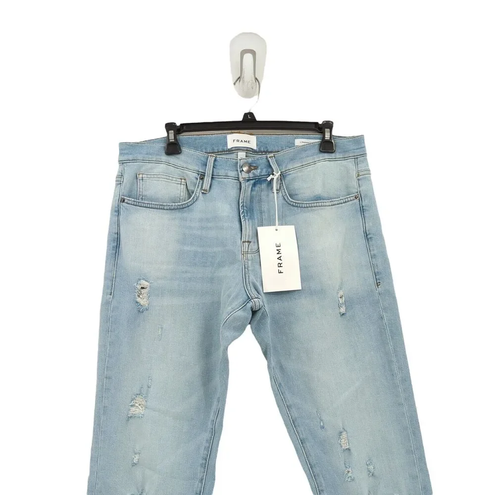 FRAME Men 32 L'Homme Jeans Tubman Blue Skinny Denim Distressed Whisker Mid Rise
